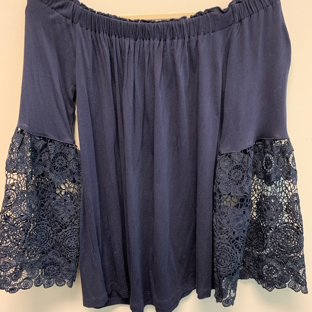 LOFT Navy Off Shoulder Lace Bell Sleeve Knit Top - Picture 2 of 7